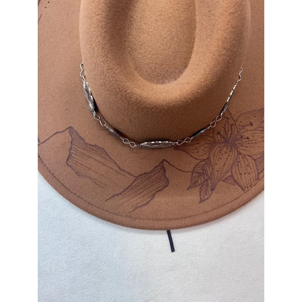 Fedora Womens Burnt felt Hat Brown Hand‎ Drawn Mountain Floral Concho Chain New
